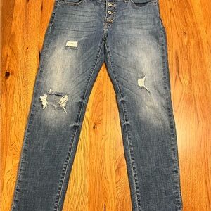 KanCan Blue Skinny Jeans with Distressed Rips and Vintage Wash